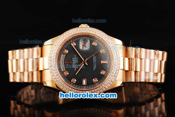 Rolex Day Date II Automatic Movement Full Rose Gold with Double Row Diamond Bezel-Diamond Markers and Black MOP Dial - Click Image to Close